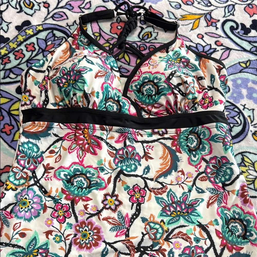 Floral Halter swim Top with Black Trim